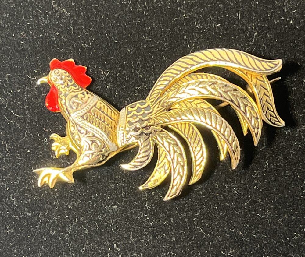 VINTAGE SPAIN 2” Inch ROOSTER PIN BROOCH Preowned Gold Tone